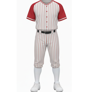 Ensemble uniforme de baseball personnalisé rouge à manches raglan, maillot sublimé à rayures blanches et pantalon assorti - Product Image 2