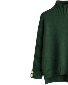 Ensemble pull en tricot vert foncé et pantalon large pour femme, col montant, pull confortable pour le salon, vêtements d'hiver, fabricant personnalisé OEM - Product Image 2