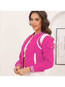 Chaquetas de Béisbol Cortas de Punto con Bordado Estilo Universitario Rosa Intenso para Mujer, Dos Tonos, Moda Urbana, Tendencia - Product Image 2