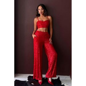 Topshow <b>Red</b> <b>Sequined</b> Wide Leg Women's Trousers for Stylish Evening Party Combinations and Elegant Night Outfits - Product Image 2