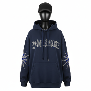 Sudadera con capucha de lana de algodón pesado GSM 350 de lujo para mujer, diseño de diamantes de imitación azul marino, ropa de calle con logotipo personalizado, sudadera básica para mujer - Product Image 1