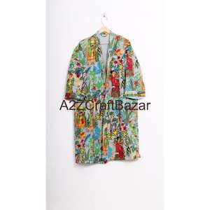 Bata de mujer hecha a mano de algodón 100% no tejido con estampado floral, cuello en V, cordón ajustable, manga tres cuartos, suave, transpirable y de secado rápido para primavera. - Product Image 1