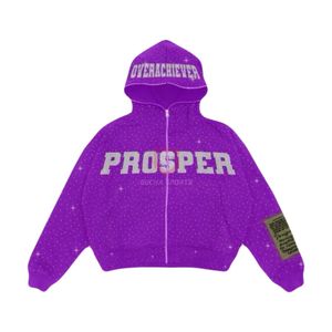 Púrpura Rhinestone Full Zip Hoodie Streetwear Hip Hop Chaqueta con capucha de invierno Nueva moda personalizada Hombres Sudaderas con capucha - Product Image 2