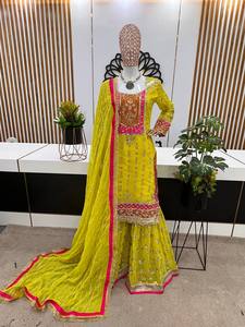 Lancement d'un nouveau designer de vêtements de soirée, look haut fantaisie Dupatta et entièrement cousu belle couleur jaune avec séquence costume de robe de travail - Product Image 2