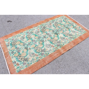 Tapis turc vintage 3,7x6,7 pieds, design patchwork écologique, laine orange et verte avec envers en latex - Product Image 2