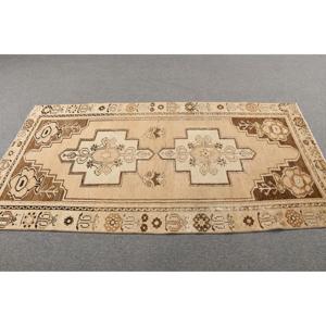 3.3x6.7 ft Rug, Vintage Turkish Rug, <b>Brown</b> Check <b>Wool</b> Rug - Product Image 3