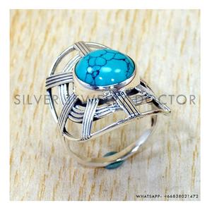 Anillos de Plata de Ley 925 con Turquesa en Corte Redondo y Engaste de Bisel, Precio al por Mayor, Joyería Fina - Product Image 1