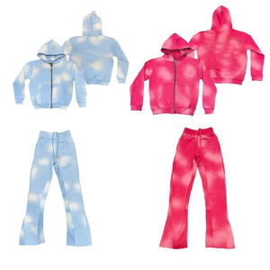 Sweat à capuche zippé à imprimé épais et bouffant personnalisé et pantalon de survêtement évasé ensemble de jogging survêtement 100% coton délavé à l'acide pour hommes - Product Image 3