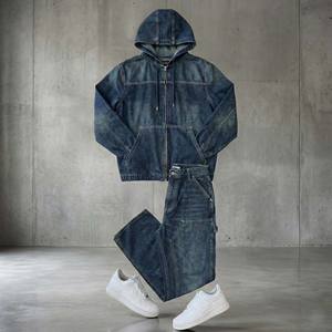 Ensemble de survêtement en jean délavé imprimé vintage coupe ample pour homme, avec surpiqûres contrastantes blanches, 100 % coton écologique, style charpentier - Product Image 4