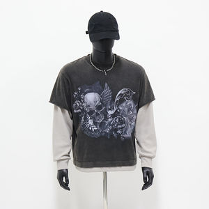 T-shirt Boxy Homme Personnalisé Sérigraphié 300 g/m² Coton Lavé Streetwear Vintage Effet Acide Double Couche Manches Longues - Product Image 2