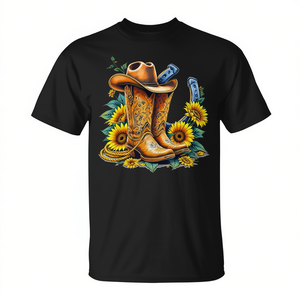 เสื้อยืดลายดอกไม้ธีมคาวบอยตะวันตก พร้อมลายเชือก หมวก ดอกทานตะวัน และเกือกม้า เสื้อยืดโปรโมชั่นลายดอกไม้ธีมคาวบอยตะวันตก - Product Image 2