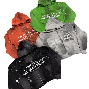 Nouveau design personnalisé, sweat à capuche d'été vintage délavé avec graphique imprimé par transfert thermique, effet vieilli, strass et poche zippée, 100% Polyester - Product Image 2