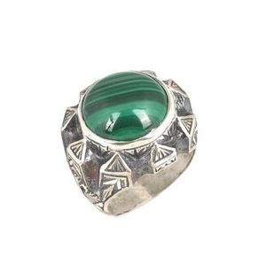 Bague pour homme en argent sterling 925 avec pierre de malachite ronde, design stylo, plaqué or 14 carats, rhodié, bijoux à porter au quotidien - Product Image 1