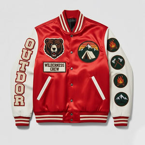 Veste universitaire en satin vintage pour hommes avec patchs brodés en chenille personnalisés, best-seller, streetwear, veste universitaire à boutons pour hommes - Product Image 1