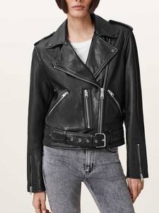 Chaqueta de Motociclista de Invierno para Mujer, de Piel de Oveja Genuina, Negra, con Cremallera Asimétrica, Cinturón en la Cintura, Ajustada, Ropa Exterior de Motocicleta, de Algodón - Product Image 5