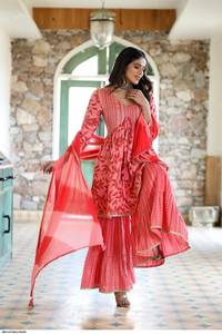 Alia Cut Beautiful Women 3 Piece Designer Shrarara Set, Mujeres Algodón Impreso Kurti Sharara & Dupatta Casual Wear Ropa Étnica - Product Image 3
