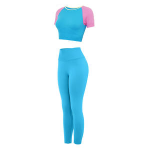 2 uds., ropa de entrenamiento para Fitness, Yoga, ajustada, conjuntos de 2 piezas, Camiseta corta, Top, mallas de cintura alta, conjuntos de gimnasio de entrenamiento - Product Image 3