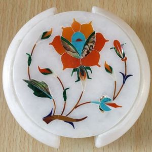Vente chaude sous-verres en marbre Design de fleurs avec centre de malachite et incrustation de laiton sous-verres fabriqués à la main ensemble vaisselle de luxe - Product Image 6