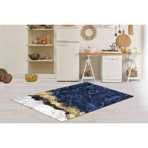 Tapis imprimé bleu marine et blanc, tapis de bureau, motif marbre bleu, tapis en velours - Product Image 4