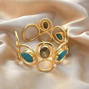 Pulsera de Moda con Turquesa Verde y Labradorita Natural, Pulsera de Diseño Chapada en Oro de 18k, Brazalete Ajustable de Latón Sólido - Product Image 5