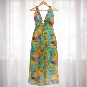 Robe longue dos nu en soie georgette à col halter artistique Resort Bloom pour femmes - Product Image 1