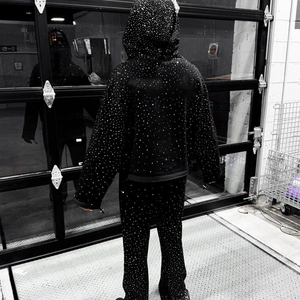 ชุดสตรีทมีซิปแบบเต็มของผู้ชายเสื้อมีฮู้ดและกางเกงสเวตเตอร์พร้อมกรดพลอยเทียมและสะท้อนแสง - Product Image 5