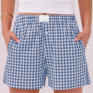 Short en coton pour femmes Vichy Pantalon court mignon Short de salon à carreaux Boxers élastiques Streetwear - Product Image 1