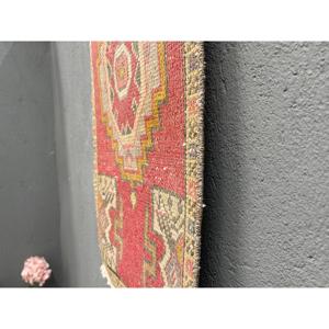 Vintage Small Rug 1.5x3 ft (46x92 cm), Turkish <b>Red</b> Animal Print <b>Wool</b> Rug - Product Image 2
