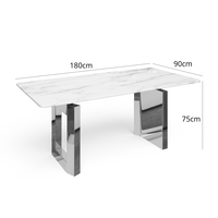 Table à manger rectangulaire moderne en marbre avec base en acier inoxydable blanc et argent, stable, 6 places, 180 cm, meubles de salle à manger