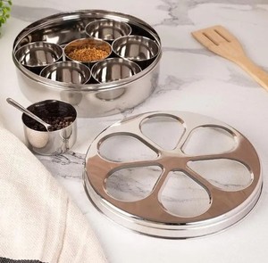 Gold Color Pure Brass Masala Box with 7 Compartments <b>and</b> Lid for <b>Spice</b> Storage Plastic <b>Spice</b> Container - Product Image 3