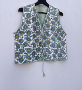 Chaleco acolchado hecho a mano con cuello en V para mujer, chaqueta de bombardero informal sostenible de longitud corta, bordado, decoración frontal abierta - Product Image 1