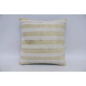 Subtle Striped Ikat Patchwork Wool Pillow 14x14 Inch <b>Beige</b> Vintage Square Pattern Portable Decorative <b>Cushion</b> for Living Bedding - Product Image 1