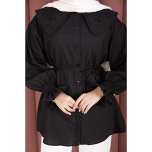 Túnica Negra de Popelina con Cuello Bordado, Diseño Floral de Encaje, Cintura con Cordón Ajustable, Corte Holgado, Talla XL, para Oficina, Primavera/Otoño, Rayón - Product Image 6