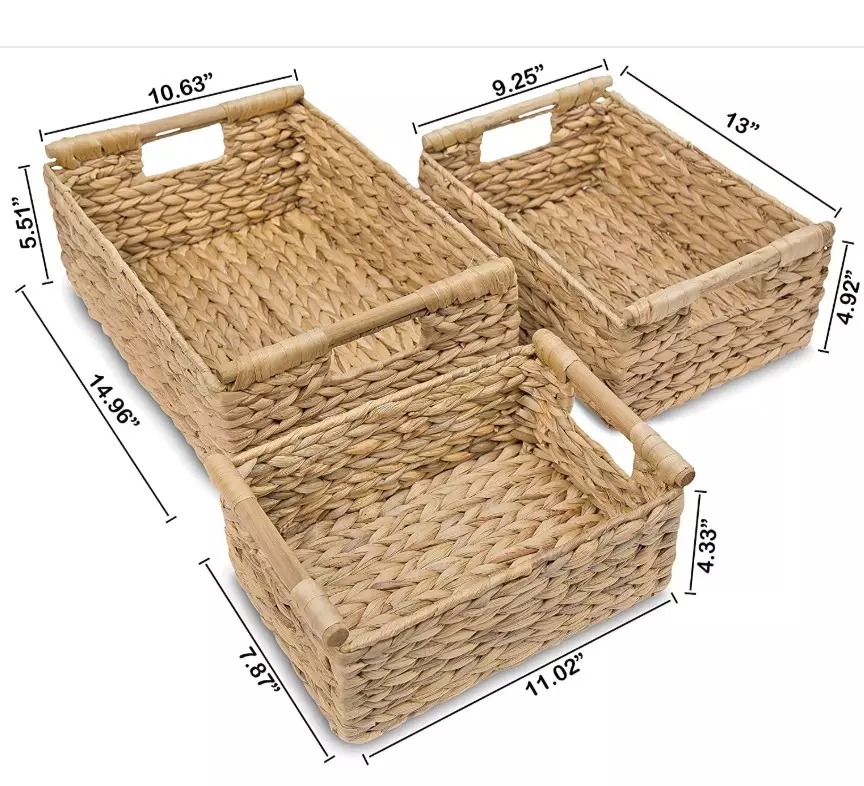 Đặt 3 giỏ wicker hình chữ nhật với tay cầm bằng gỗ cho kệ nước lưu trữ lục bình giỏ cỏ biển tự nhiên để tổ chức