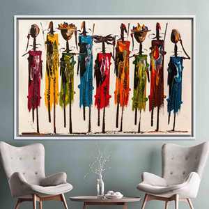 Toile imprimée élégante : Art vitrail aux motifs de personnes africaines vibrantes, TOILE ENCADRÉE BLANCHE - Product Image 1