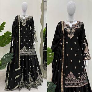 Chinon Silk Palazzo Suit Set para mujer con hilo de lentejuelas trabajo y encaje Dupatta 5 colores Bollywood Party Wear 2025 Bulk - Product Image 2