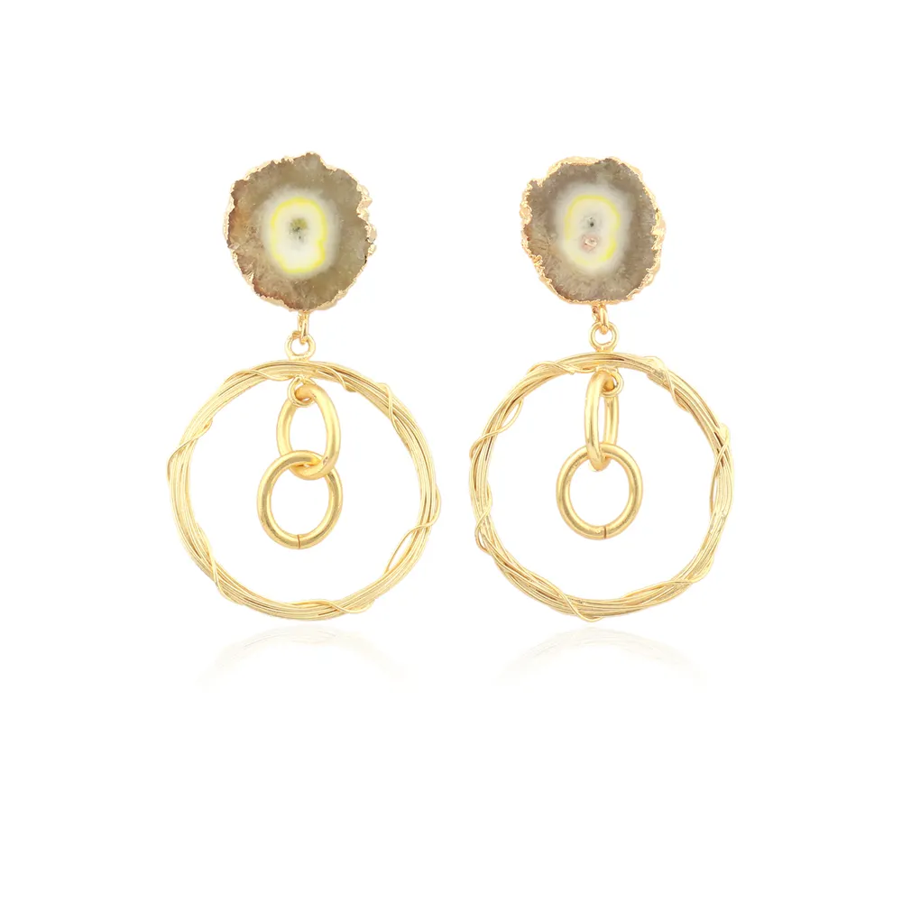 Exclusive designer earring natural yellow solar quartz ear post stud dangle earring gold plated wire wrapped hanging earrings