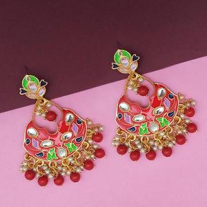 Boucles d'oreilles Kriaa Red Meenakari et Beads Kundan Fine Dangle Model 1314217D - Product Image 1
