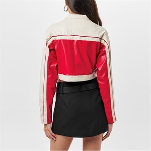 Vintage Women's Zip-Up Cropped Moto PU Faux Leather Jacket with Red Racing Badge <b>Block</b> Solid Style Motorbike Leather Moto Jacket - Product Image 5
