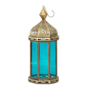 Royal Looking Handcrafted Designer Large Size <b>Candle</b> <b>Holder</b> <b>Lantern</b> With Shiny Blue Glass For Luxurious Café Bars And Study Room - Product Image 5