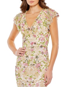 Robe de soirée élégante de luxe à fleurs, longueur thé, avec paillettes perlées, coupe droite, manches demi-cape pour les fêtes de bal de promo - Product Image 4