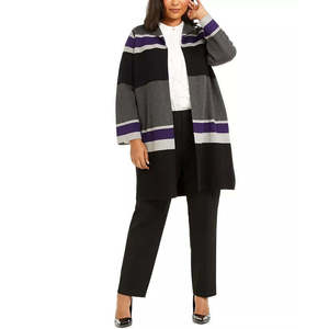 Calvin Klein Women's Plus Size Open-Front Striped <b>Cardigan</b> Gray 2X Size <b>Sweater</b> - Product Image 1