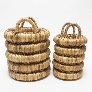 Natural Hand Woven Water Hyacinth <b>Storage</b> <b>Basket</b> Set <b>Stacked</b> Donut Ring Coiled Tier Arch Handle Planter Setup Decor Pure Art - Product Image 1