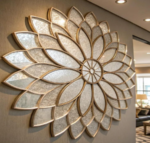 Gran mandala floral plateada para decoración de pared. Pétalos brillantes con borde dorado. Disponible a precios de mayoreo. - Product Image 1