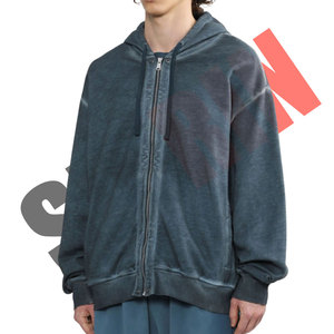 MOQ bajo Hecho de fábrica Custom Unisex Denim Hoodie Pullover Zip Up Bolsillos Drop Shoulder Ribbed Cuffs & Hem Washed Style Sudadera - Product Image 3