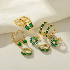 CANNER S925 Sterling Silver Green 5a Zircon Boucles d'oreilles Multi-Style Diy Combinaison Set Emerald Stone 18k Gold-Plated Earrings Set