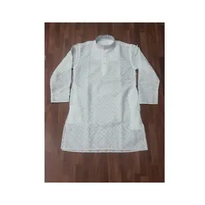 Latest Designed Men Cotton Kurta with Solid Pattern Long Sleeves 150 GSM White Color Cotton Kurta For Sale