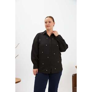 Blusa Tejida con Detalles en Piedra Negra Talla Grande RMG para Mujer - Elegante Top de Manga Larga con Adornos - Product Image 1