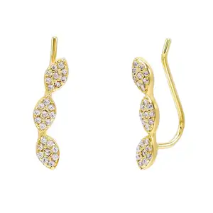 Solid 14K Yellow Gold Leaf Design Ear Climber Earrings With Real SI Clarity G-H Color Diamond Earrings Gold Jewelry