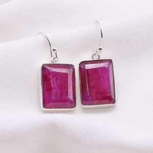 Ruby Sterling Silver <b>Stud</b> Earrings Faceted Rectangle Gemstone Handmade Jewelry Natural Stone Cute Gold Plated Gift - Product Image 2